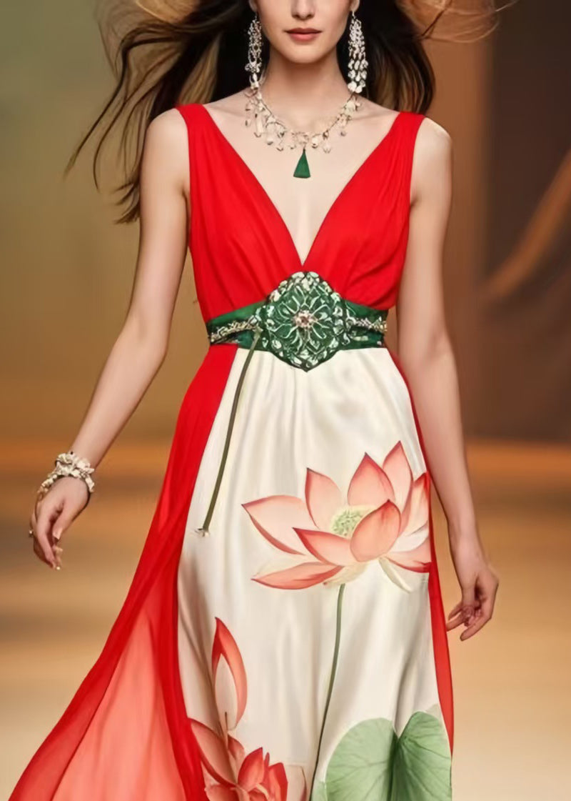 Fine Red Cinched Patchwork Silk Mini Dress Summer