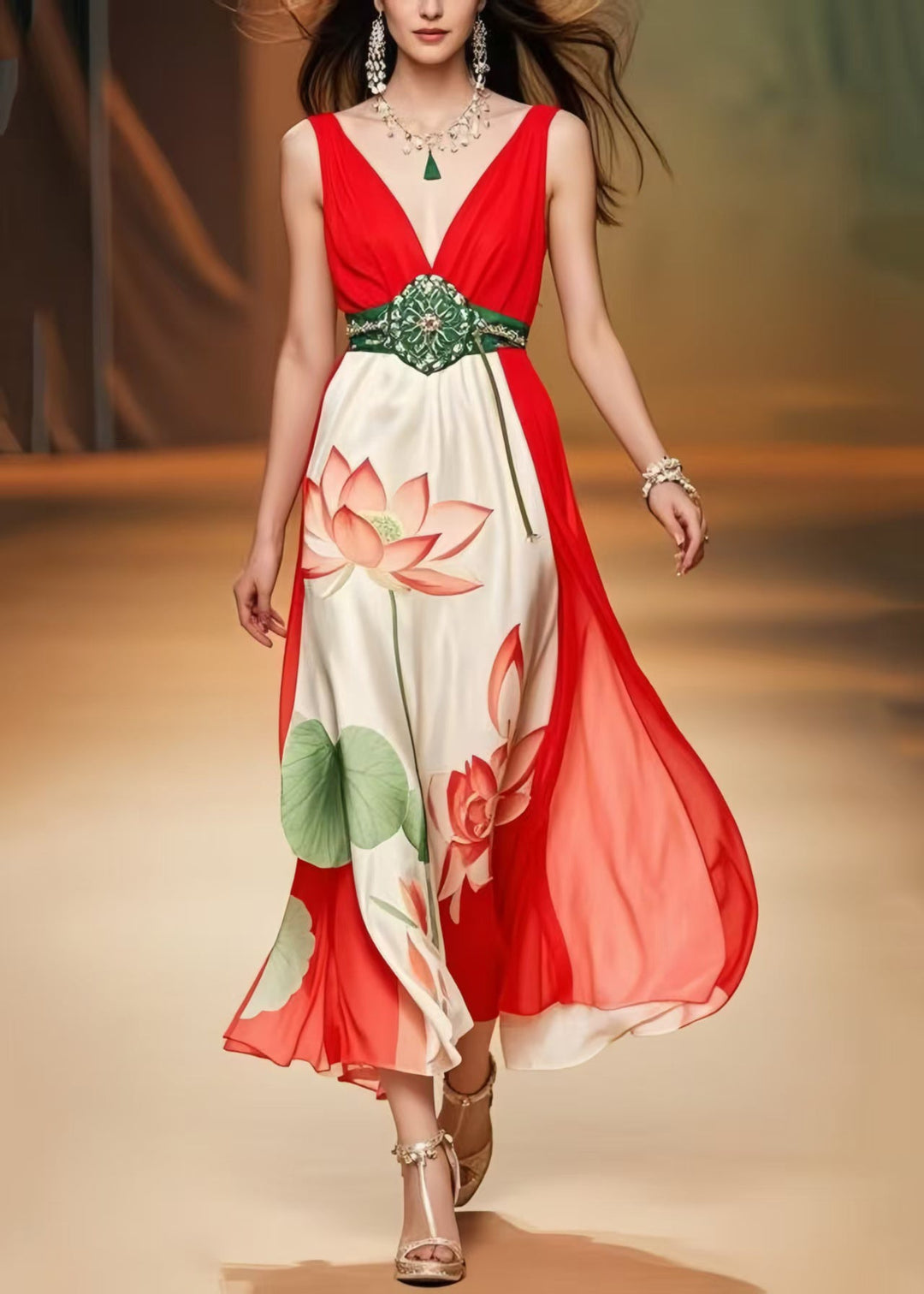 Fine Red Cinched Patchwork Silk Mini Dress Summer