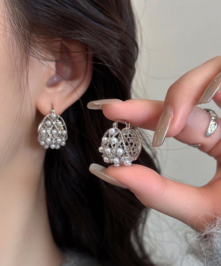 Fine Silk Copper Alloy Pearl Hollow Out Hoop Earrings