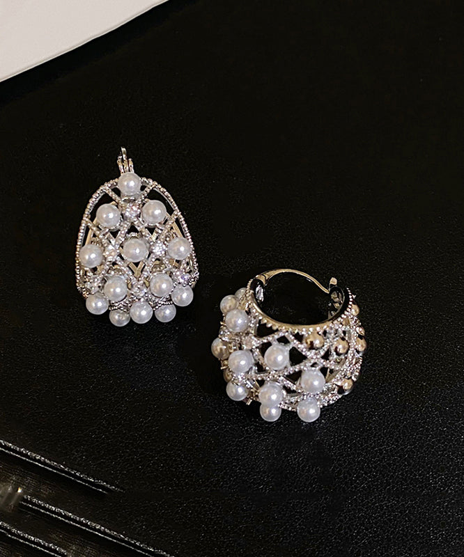 Fine Silk Copper Alloy Pearl Hollow Out Hoop Earrings