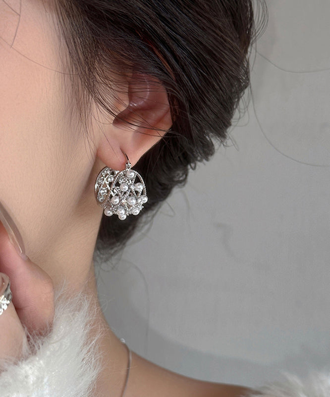 Fine Silk Copper Alloy Pearl Hollow Out Hoop Earrings
