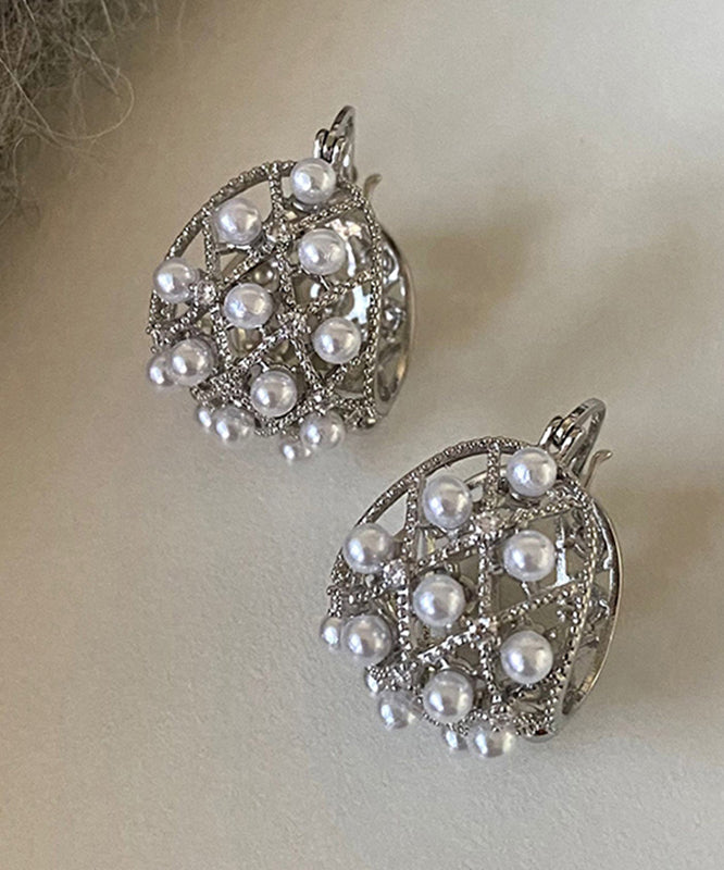 Fine Silk Copper Alloy Pearl Hollow Out Hoop Earrings