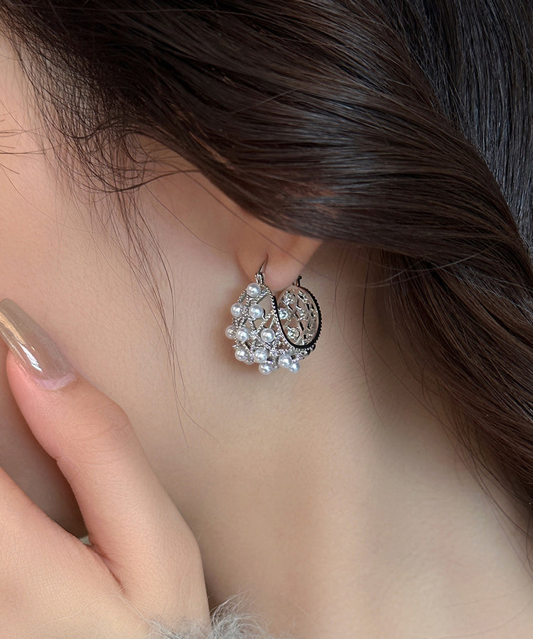 Fine Silk Copper Alloy Pearl Hollow Out Hoop Earrings