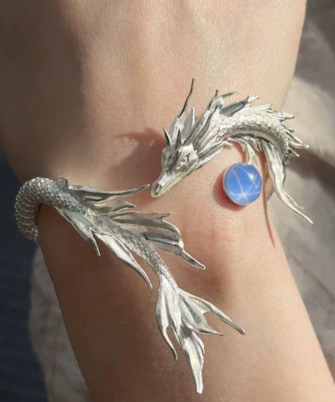 Fine Silk Sterling Silver Dragon Shaped Gem Stone Cuff