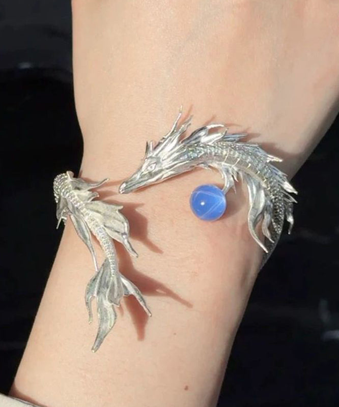 Fine Silk Sterling Silver Dragon Shaped Gem Stone Cuff