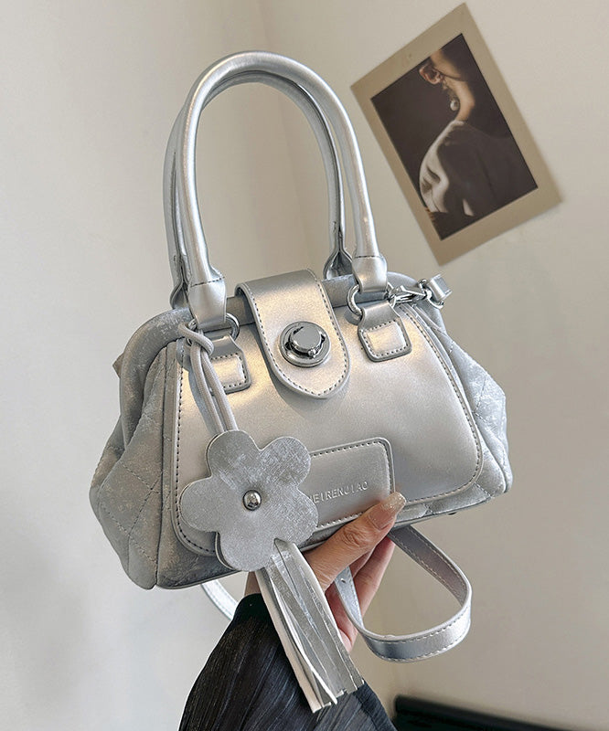 Fine Silvery Flower Decorated Durable Faux Leather Tote Mini Bag