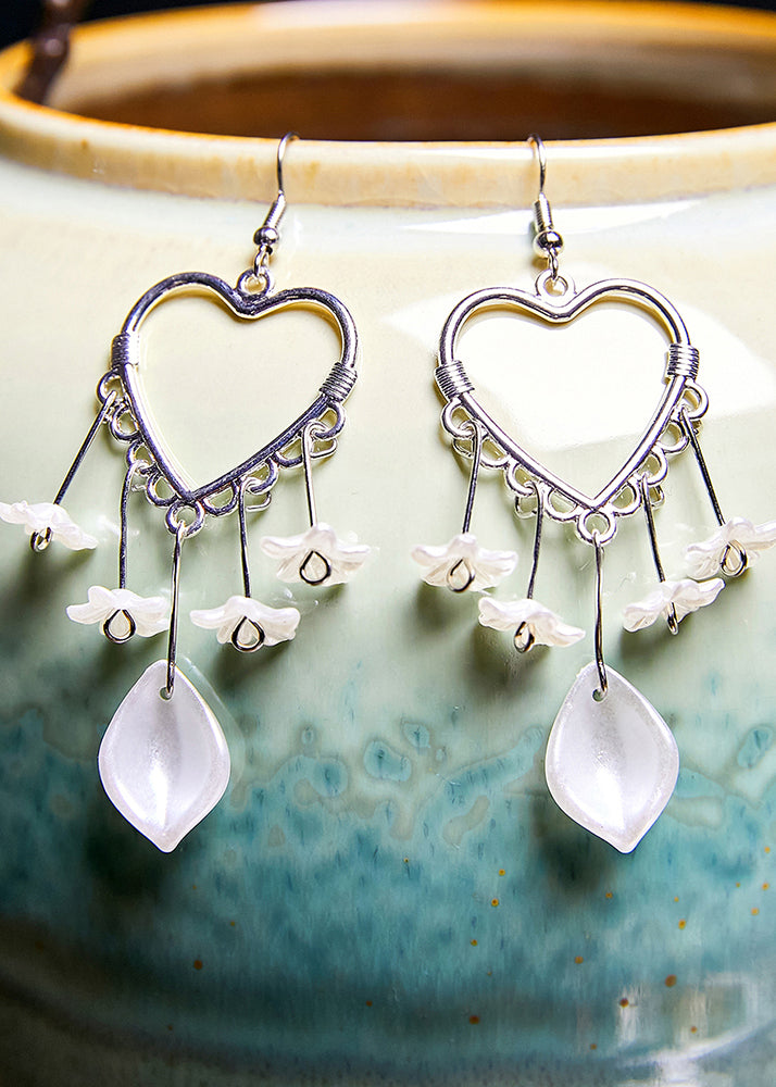 Fine White Flower Acrylic Heart-shaped Drop Earrings