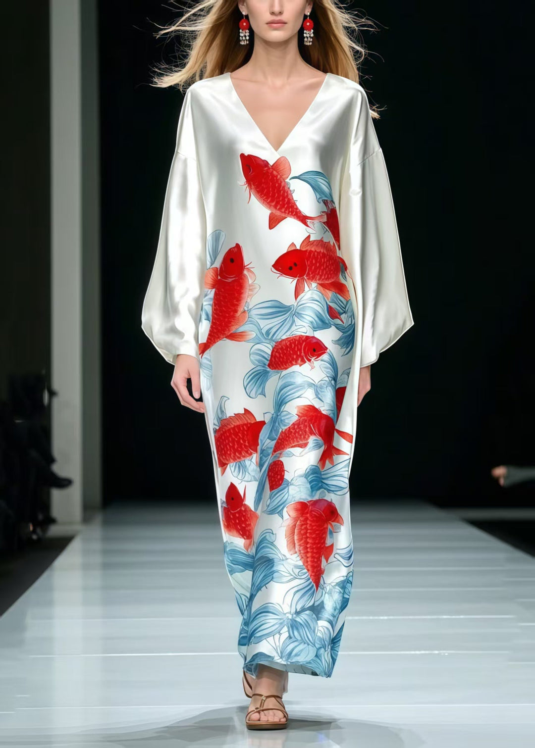 Fine White Oversized Koi Fish Print Silk Dress Spring