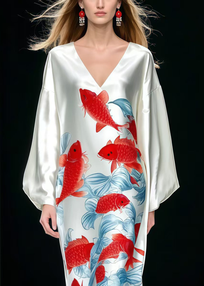 Fine White Oversized Koi Fish Print Silk Dress Spring