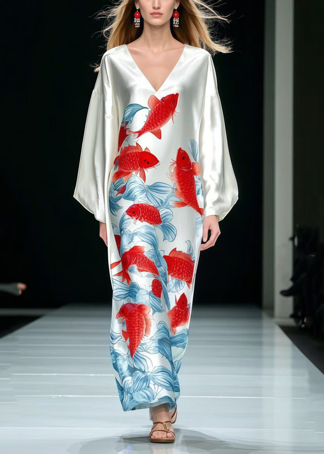 Fine White Oversized Koi Fish Print Silk Dress Spring