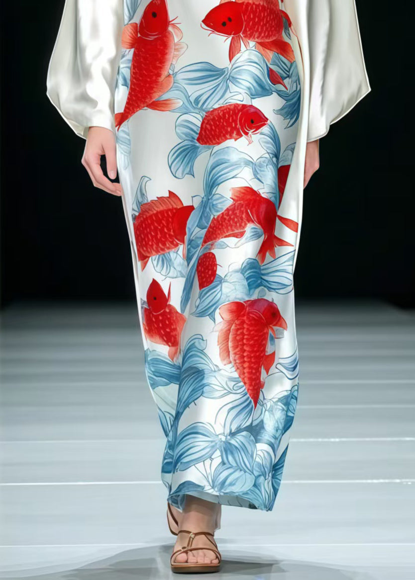 Fine White Oversized Koi Fish Print Silk Dress Spring