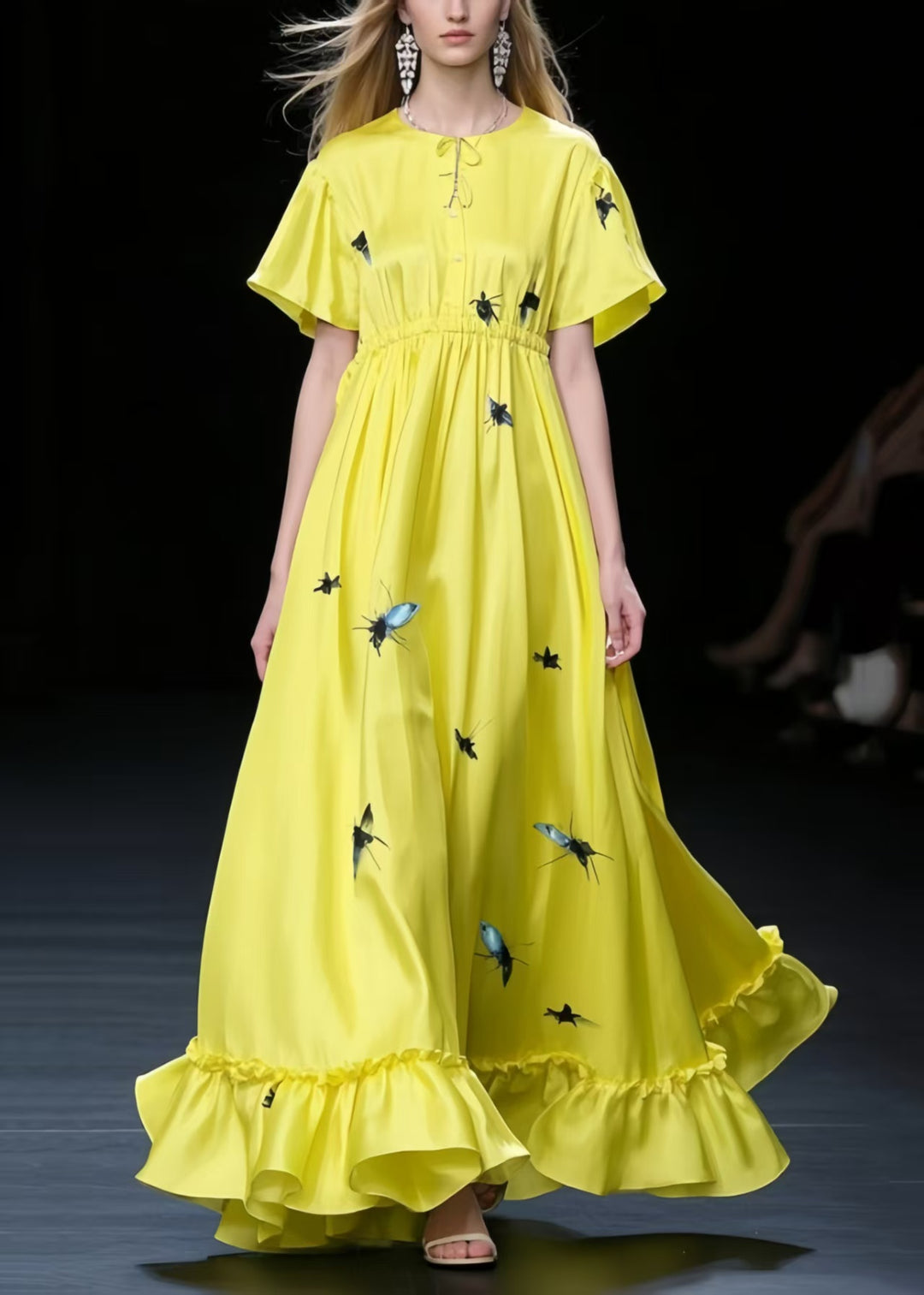 Fine Yellow Print Exra Large Hem Silk Holiday Dress Summer