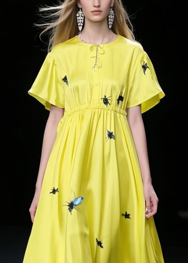 Fine Yellow Print Exra Large Hem Silk Holiday Dress Summer