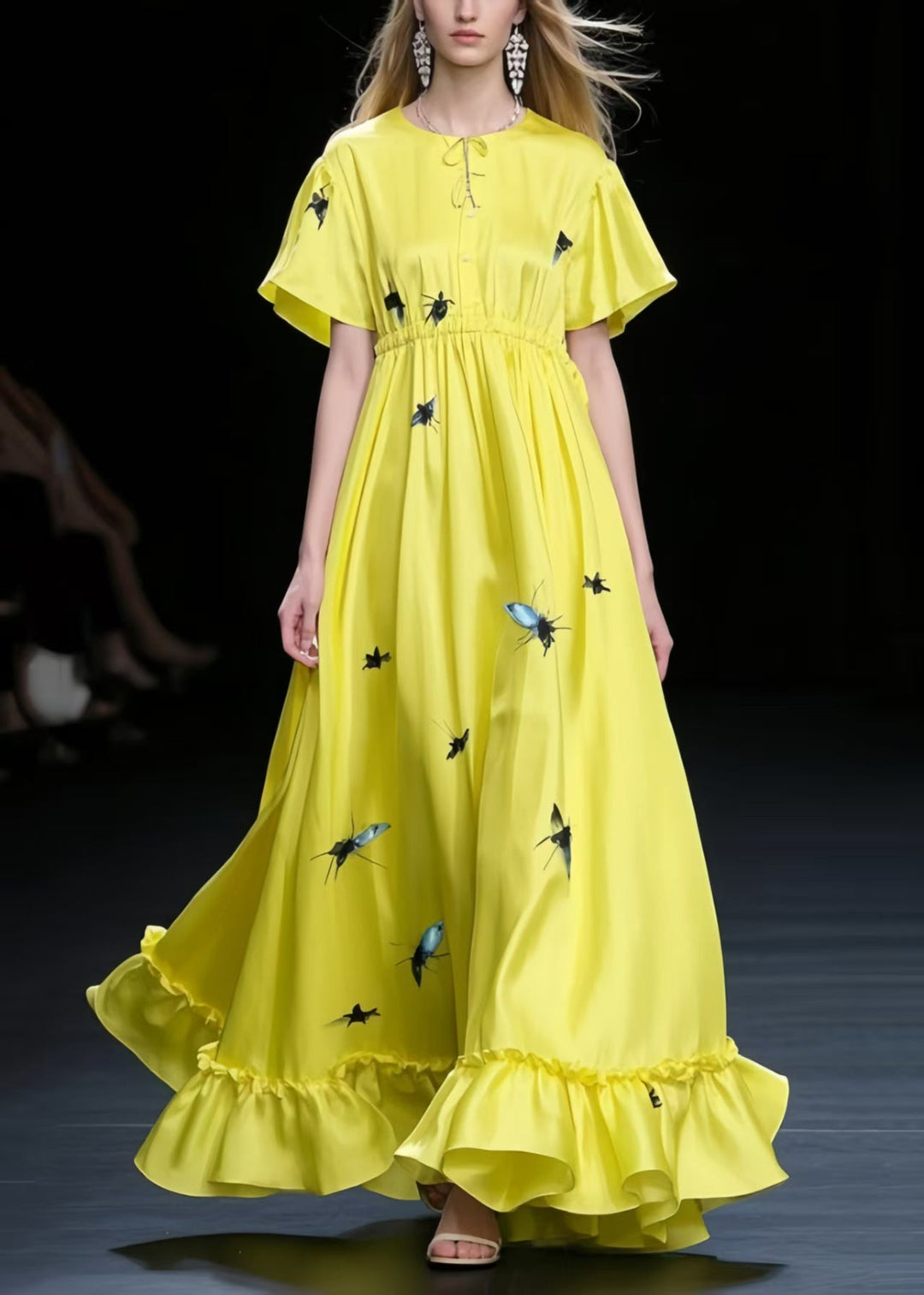 Fine Yellow Print Exra Large Hem Silk Holiday Dress Summer