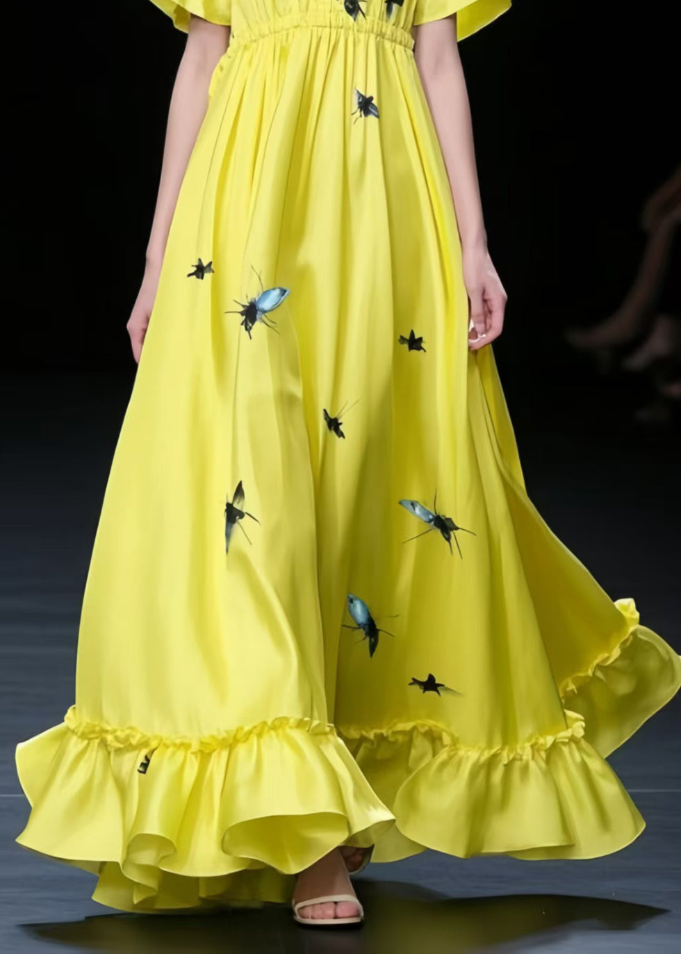 Fine Yellow Print Exra Large Hem Silk Holiday Dress Summer