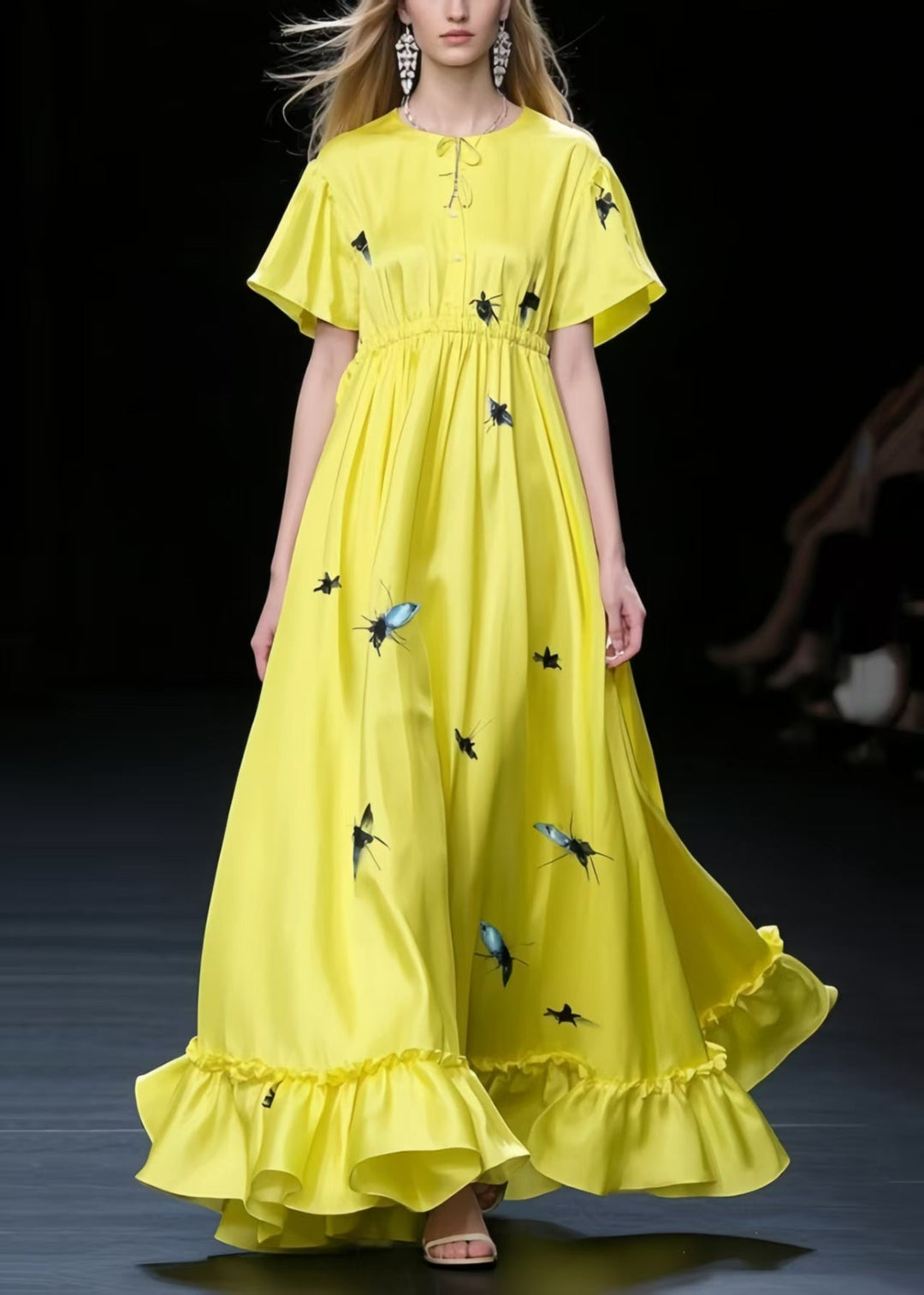 Fine Yellow Print Exra Large Hem Silk Holiday Dress Summer