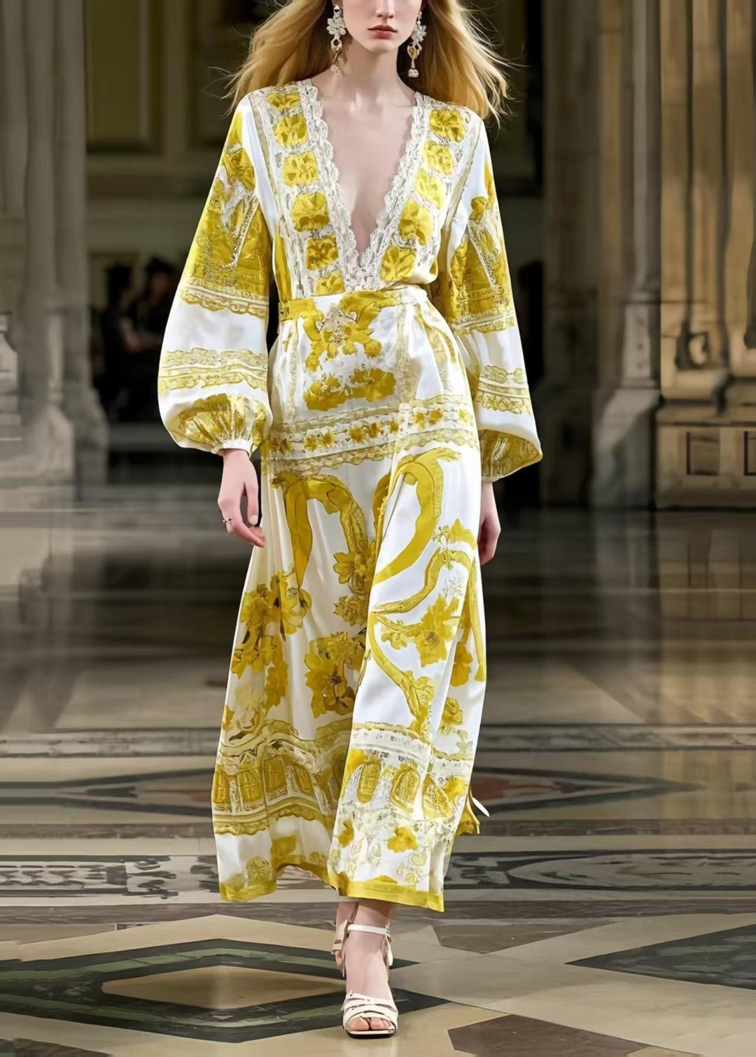 Fine Yellow Print Silk Maxi Dress Deep-V Neck Lantern Sleeve