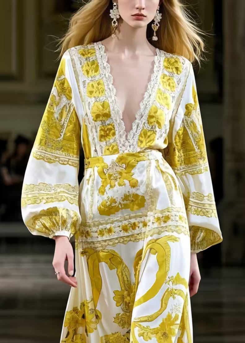 Fine Yellow Print Silk Maxi Dress Deep-V Neck Lantern Sleeve