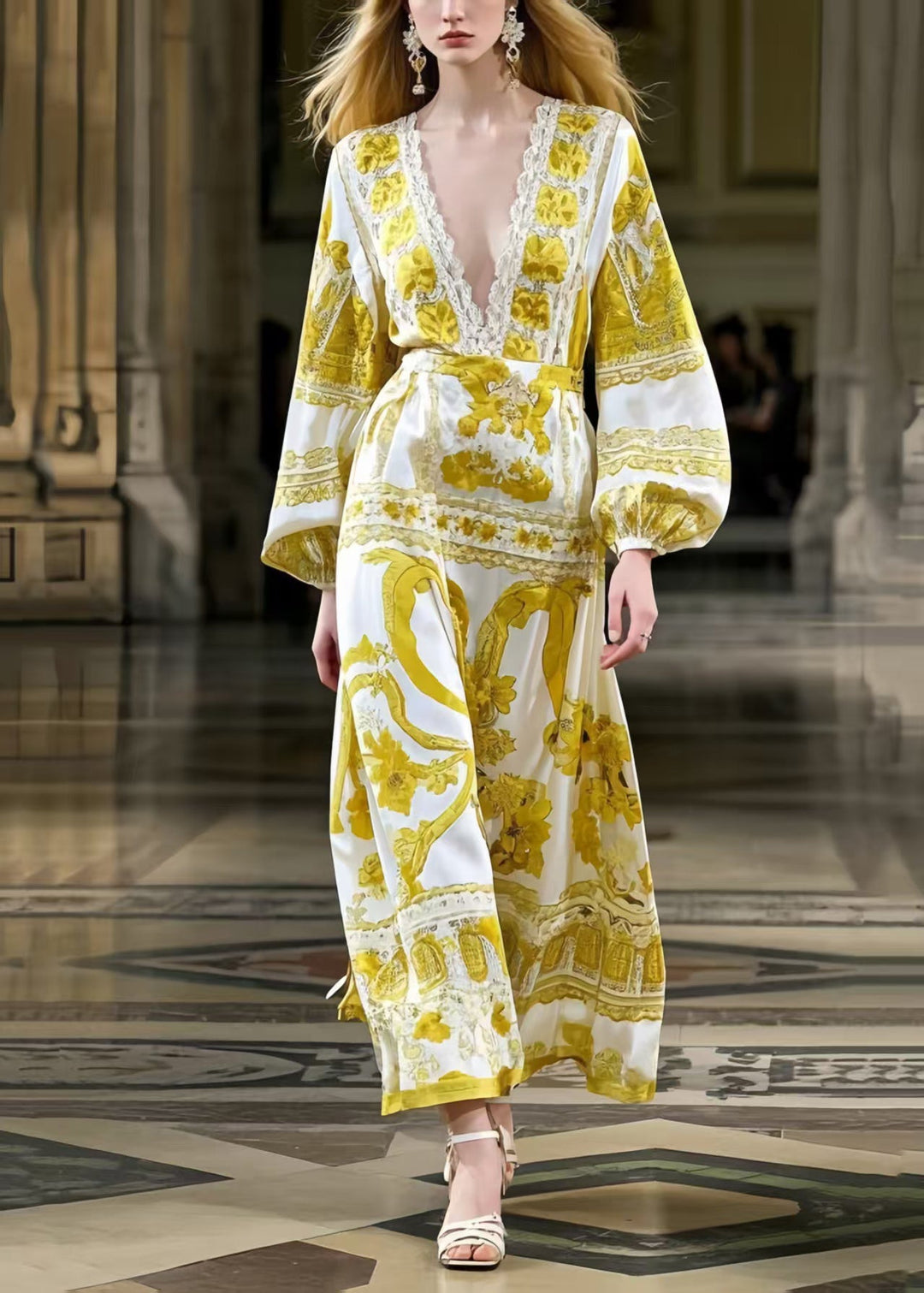Fine Yellow Print Silk Maxi Dress Deep-V Neck Lantern Sleeve