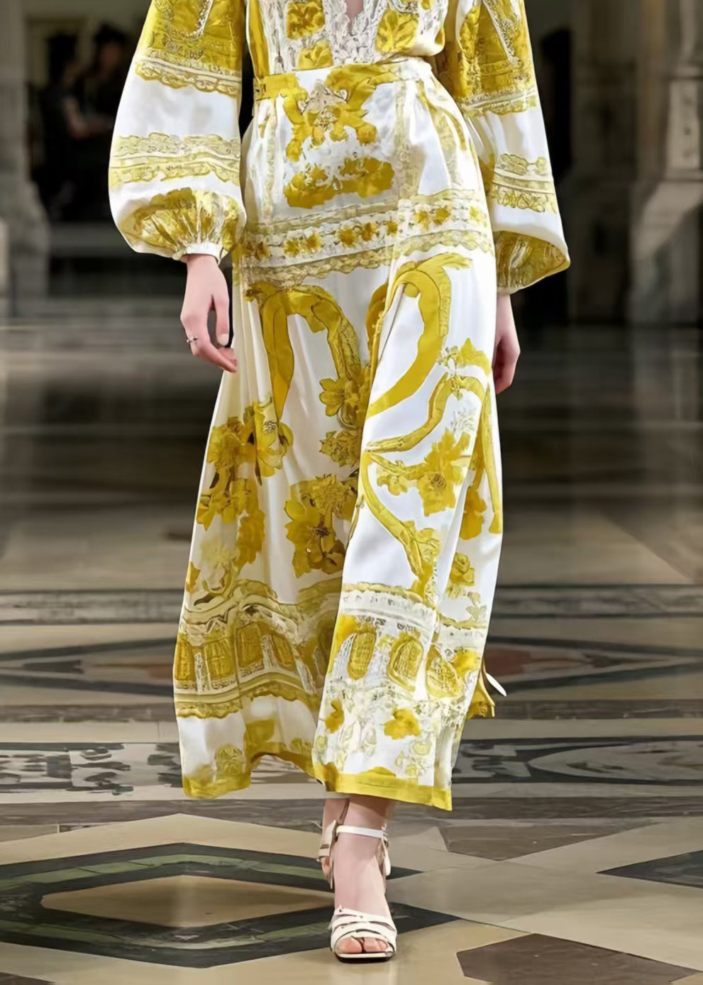 Fine Yellow Print Silk Maxi Dress Deep-V Neck Lantern Sleeve