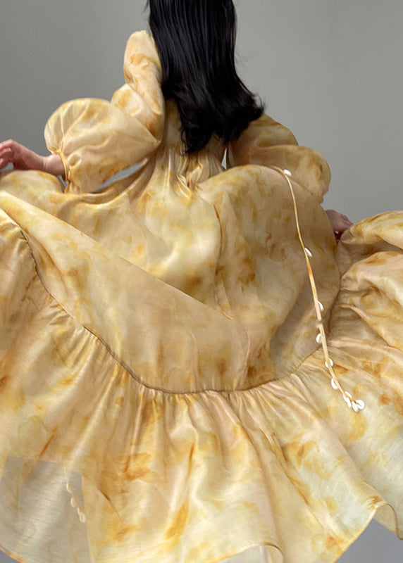 Fine Yellow V Neck Print Patchwork Long Dress Sleeveless