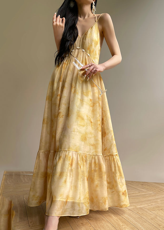 Fine Yellow V Neck Print Patchwork Long Dress Sleeveless