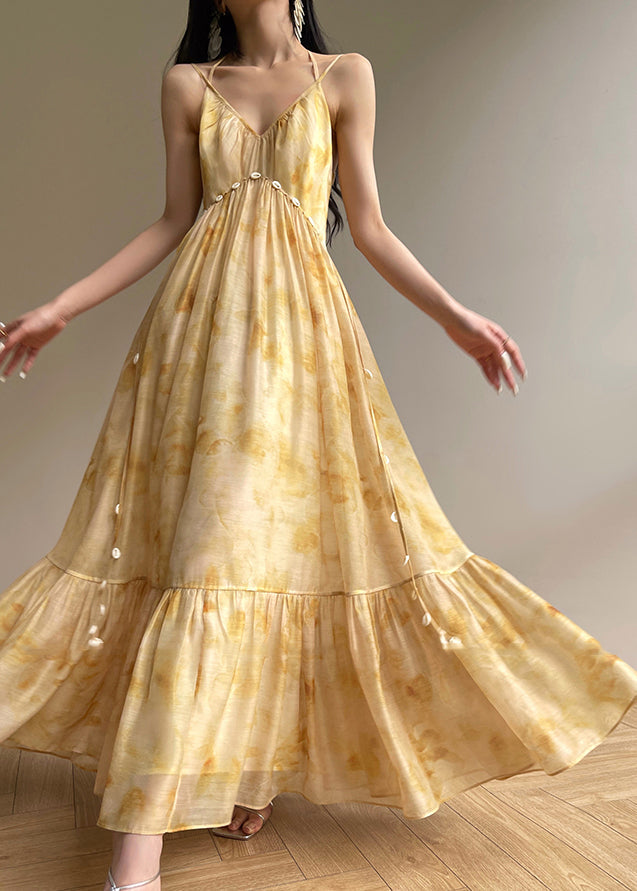 Fine Yellow V Neck Print Patchwork Long Dress Sleeveless