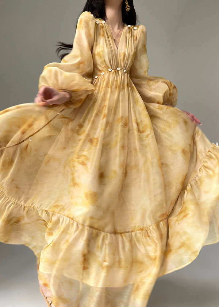 Fine Yellow V Neck Print Patchwork Long Dress Sleeveless