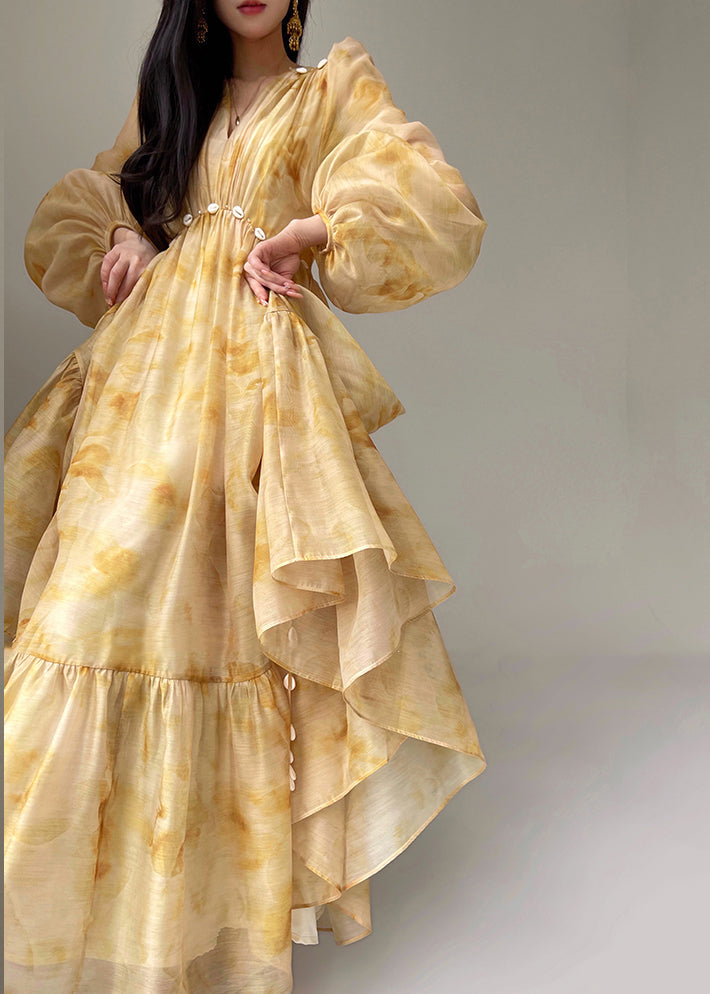 Fine Yellow V Neck Print Patchwork Long Dress Sleeveless