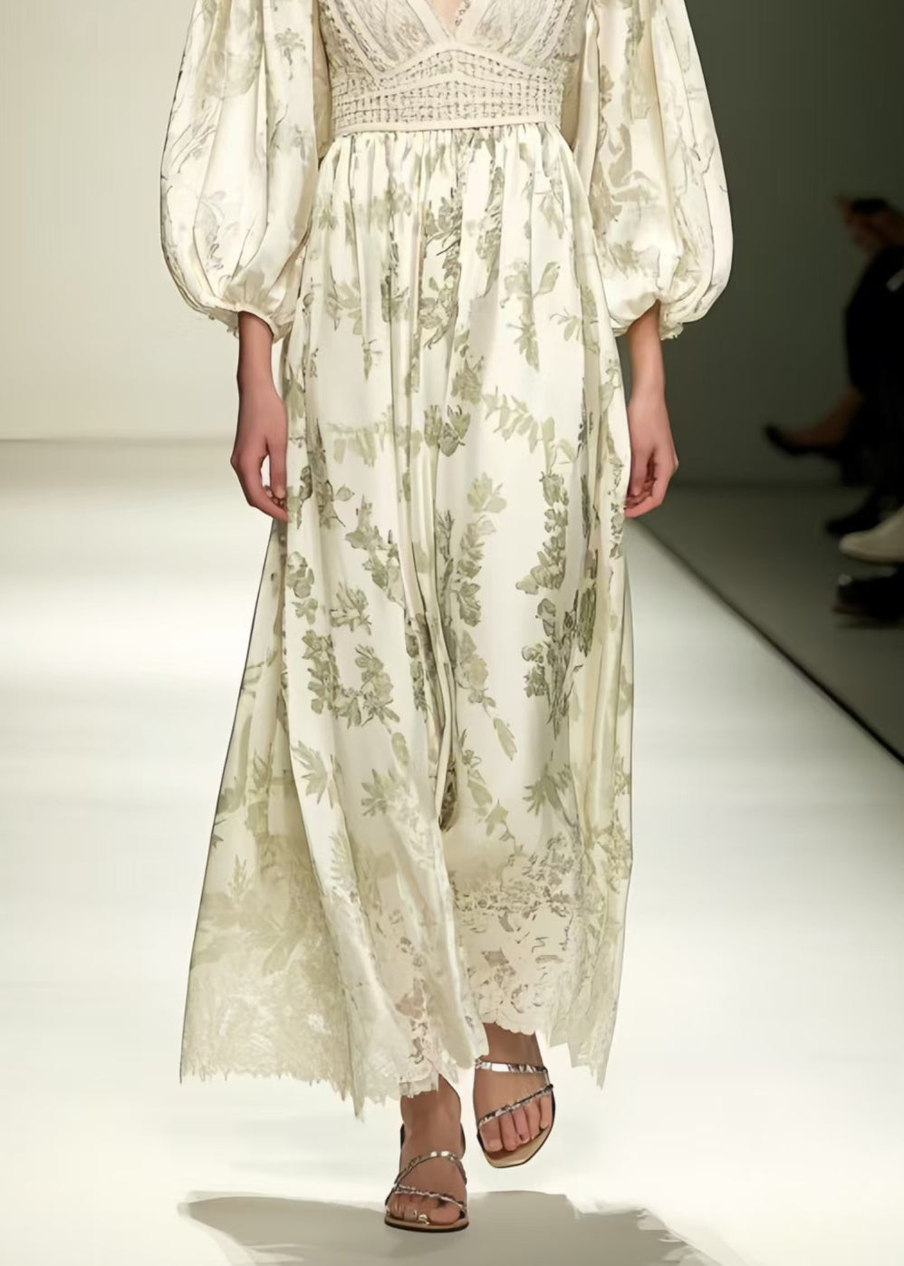 Fitted Beige V Neck Print Silk Vacation Dresses Lantern Sleeve
