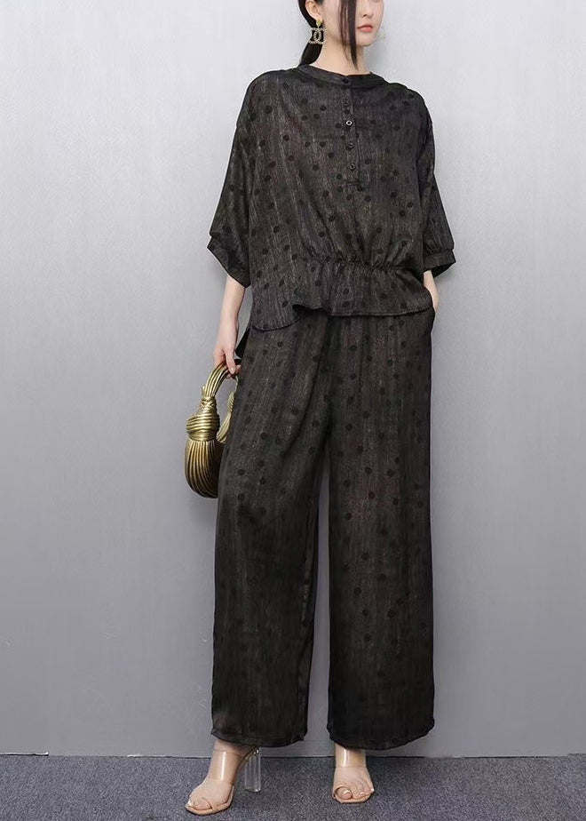 Fitted Black Oversized Print Silk Two Piece Set Women Clothing Summer