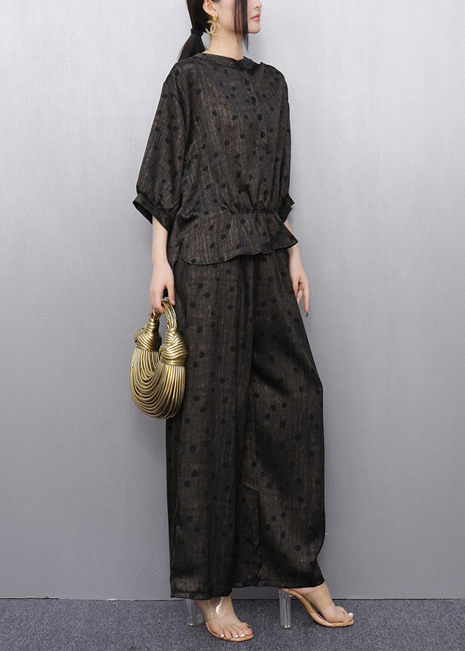 Fitted Black Oversized Print Silk Two Piece Set Women Clothing Summer