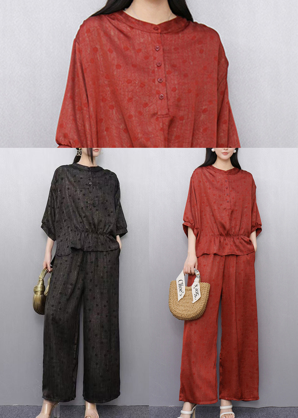 Fitted Black Oversized Print Silk Two Piece Set Women Clothing Summer