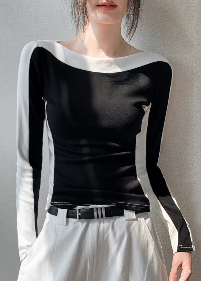 Fitted Black Slash Neck Patchwork Cotton T Shirts Fall