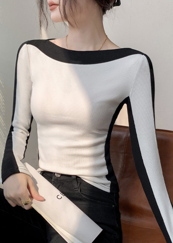 Fitted Black Slash Neck Patchwork Cotton T Shirts Fall