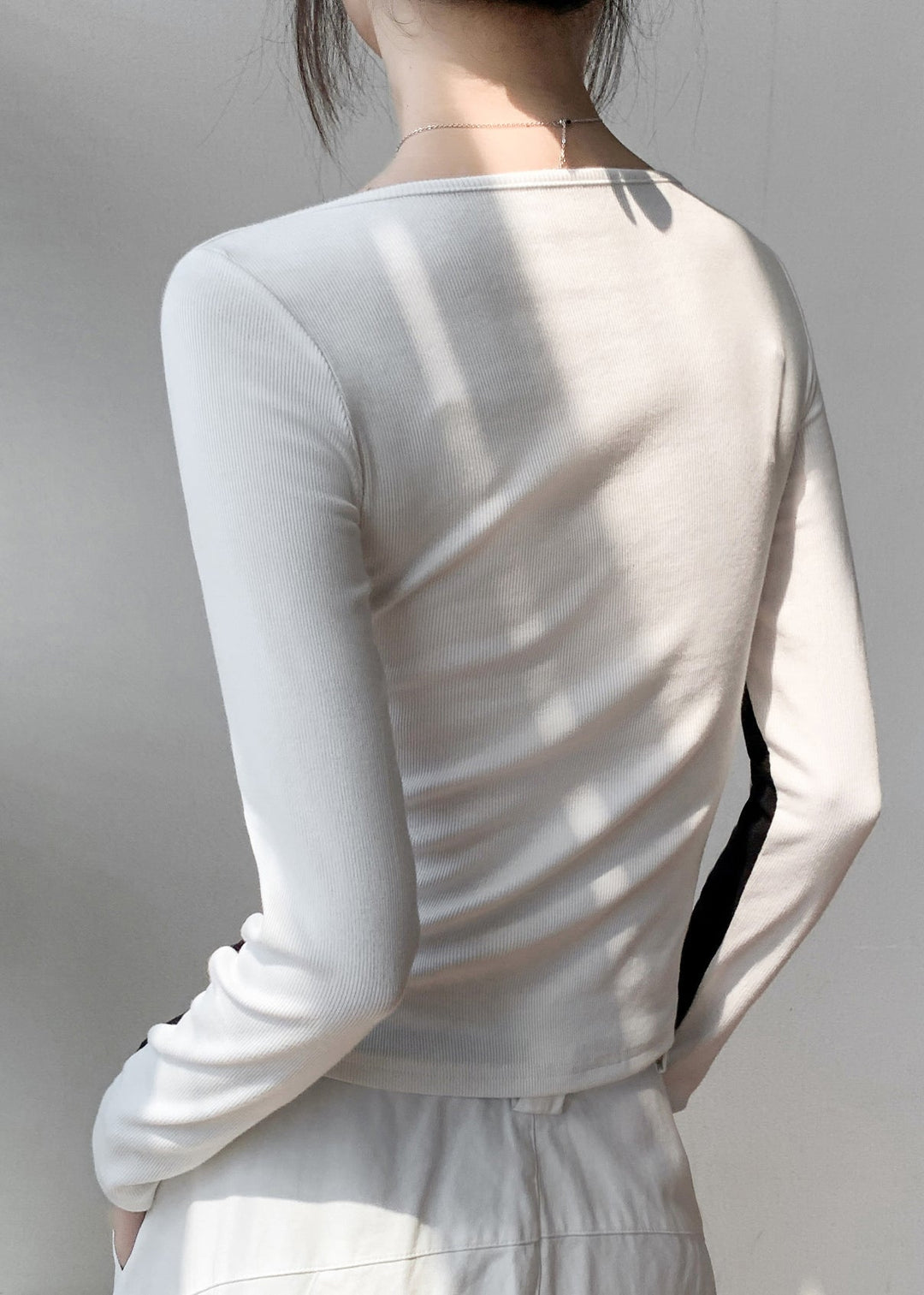 Fitted Black Slash Neck Patchwork Cotton T Shirts Fall