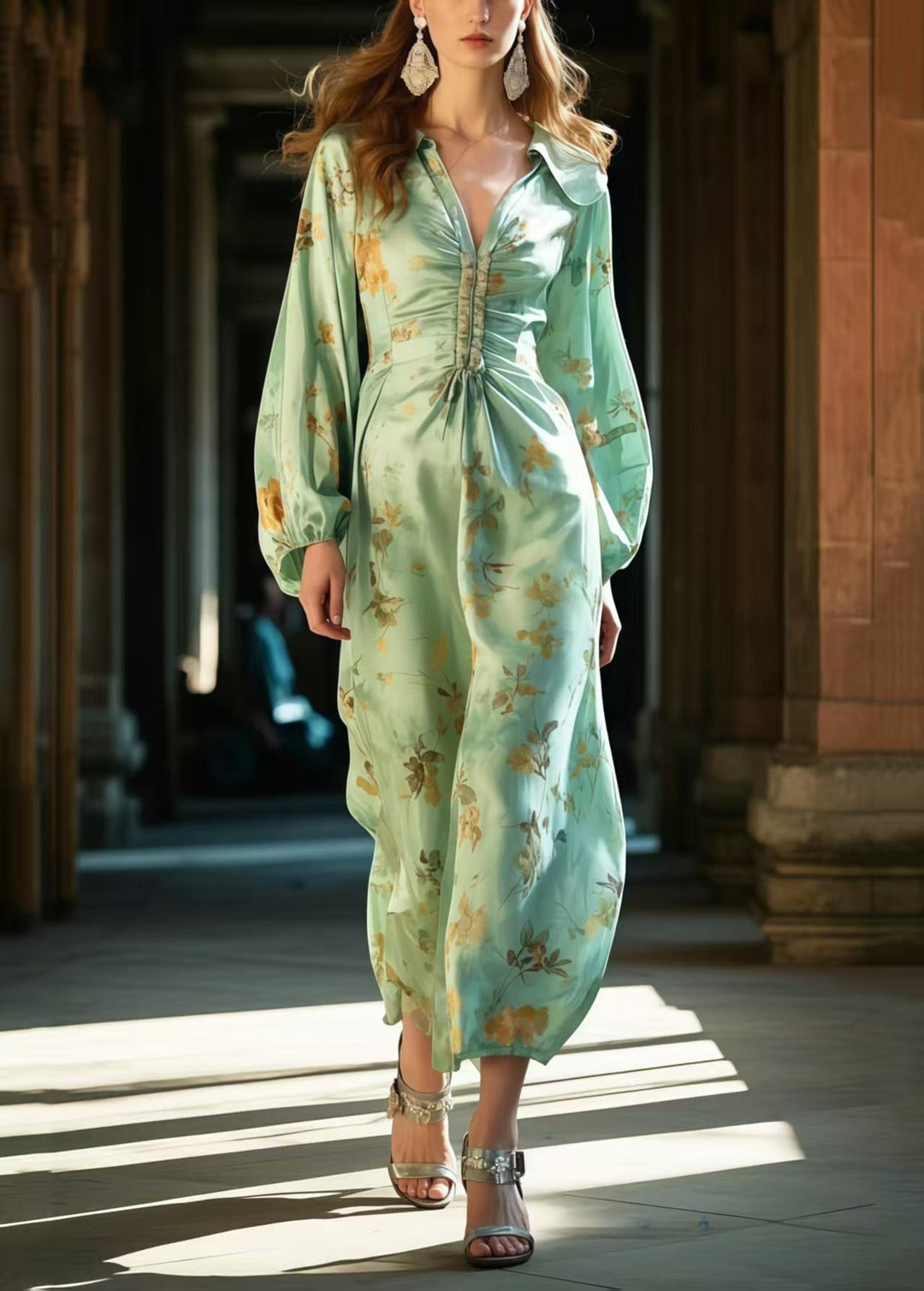 Fitted Green Print Wrinkled Silk Long Dresses Spring