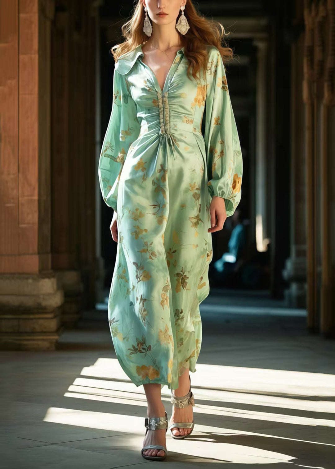 Fitted Green Print Wrinkled Silk Long Dresses Spring