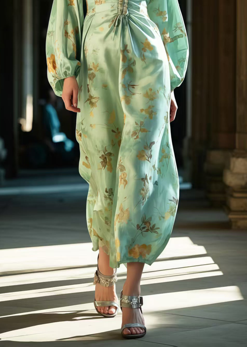 Fitted Green Print Wrinkled Silk Long Dresses Spring