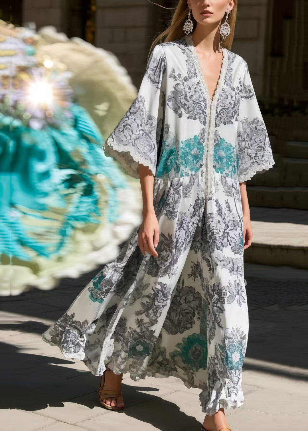 Fitted Grey Oversized Print Silk Robe Dresses Flare Sleeve