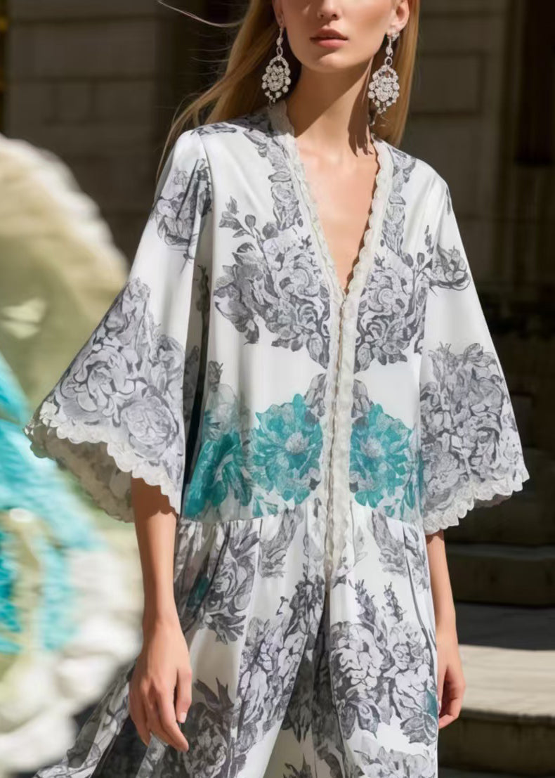 Fitted Grey Oversized Print Silk Robe Dresses Flare Sleeve