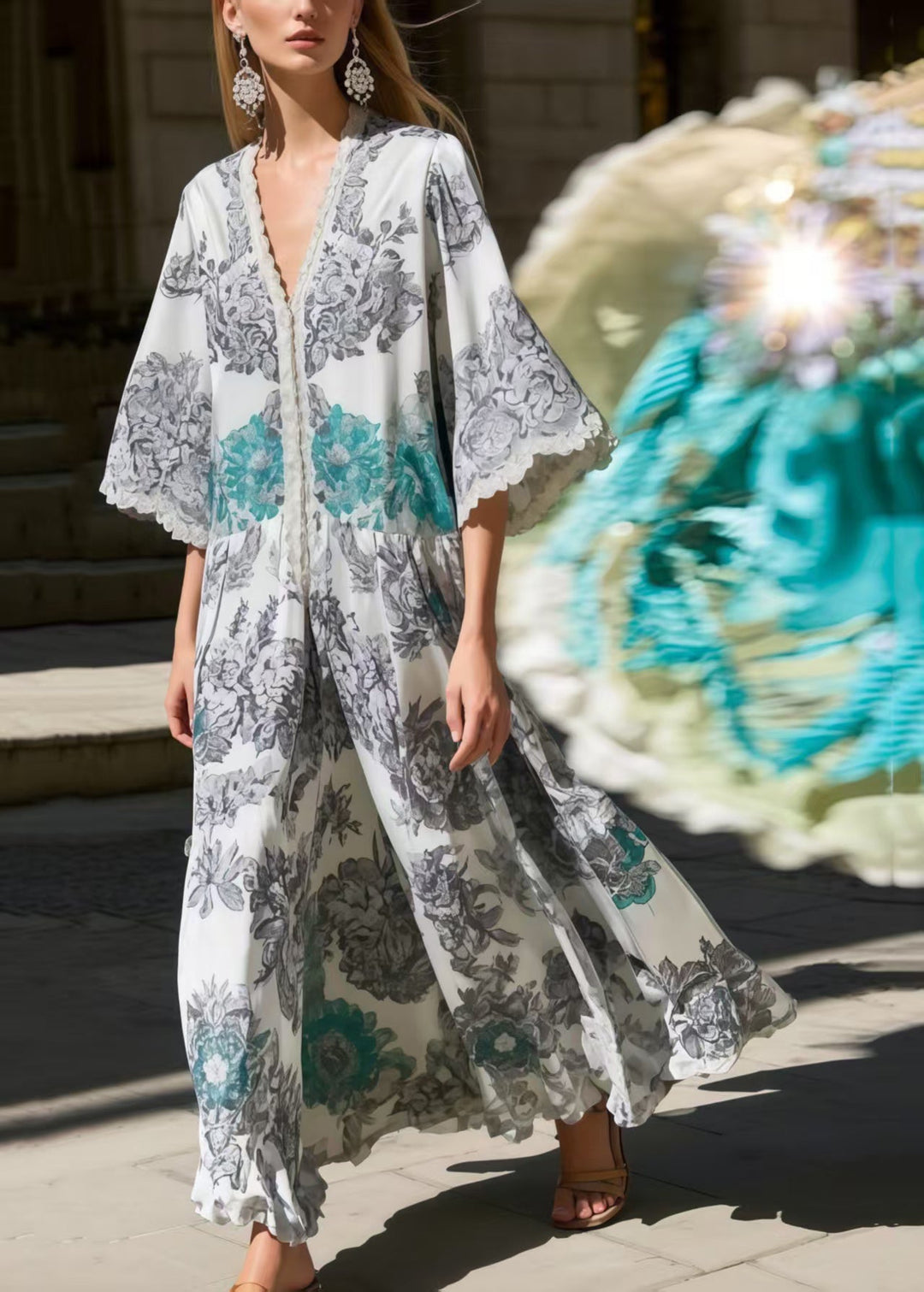 Fitted Grey Oversized Print Silk Robe Dresses Flare Sleeve