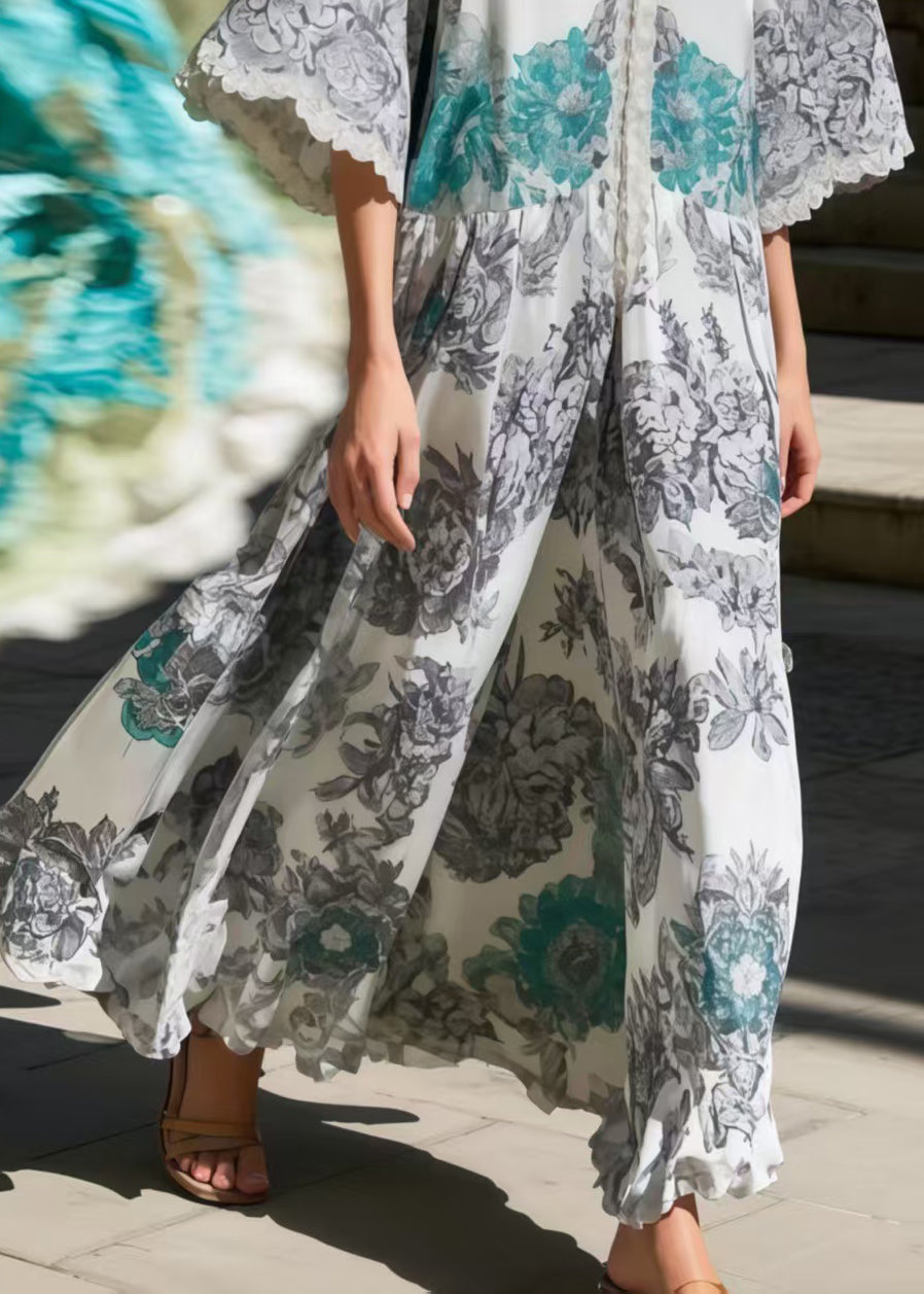 Fitted Grey Oversized Print Silk Robe Dresses Flare Sleeve