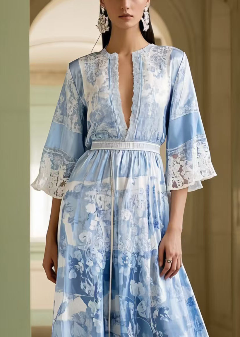 Fitted Sea Blue Cinched Print Silk Long Dresses Summer