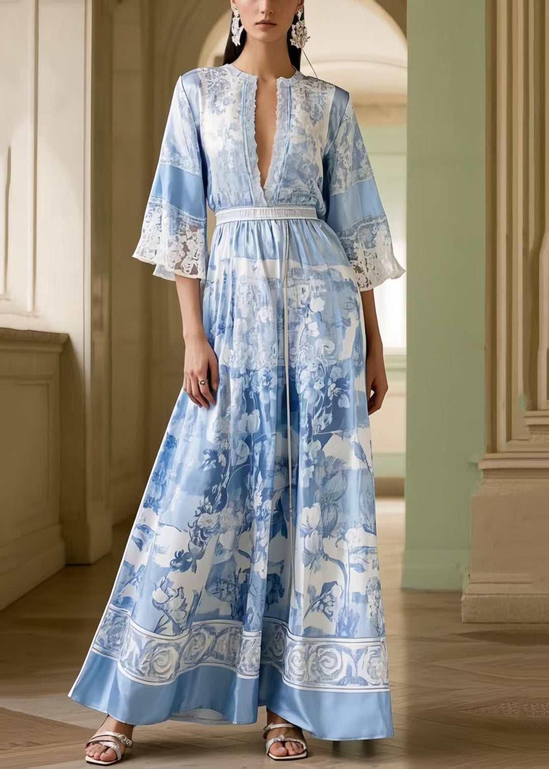 Fitted Sea Blue Cinched Print Silk Long Dresses Summer