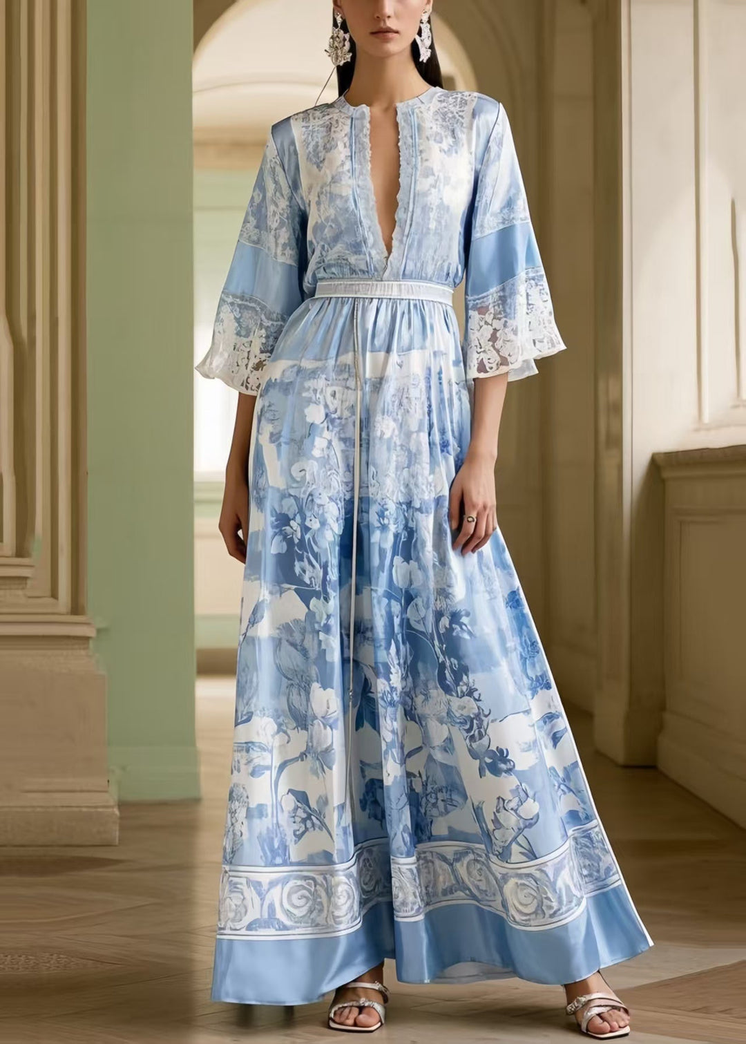 Fitted Sea Blue Cinched Print Silk Long Dresses Summer