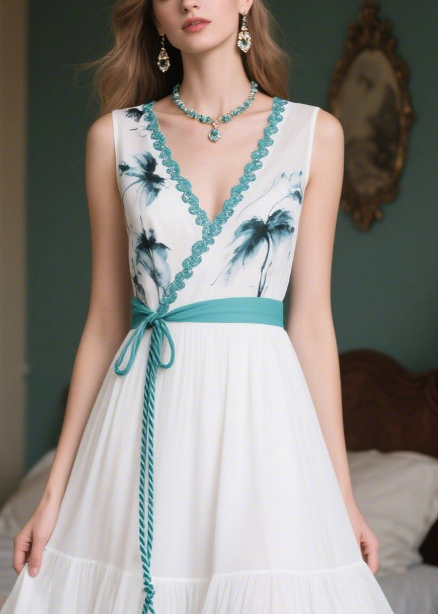 Fitted White Tie Waist Patchwork Chiffon Vacation Dresses Summer