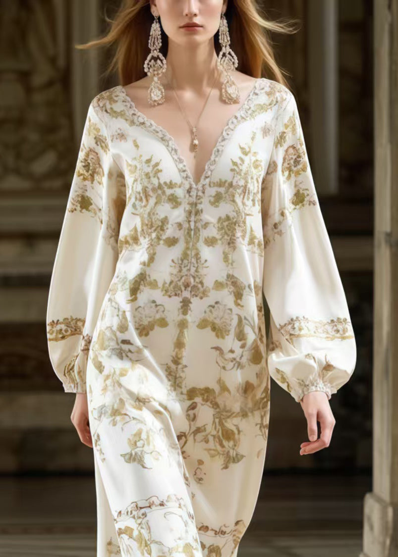 Fitted White V Neck Print Silk Ankle Dress Spring