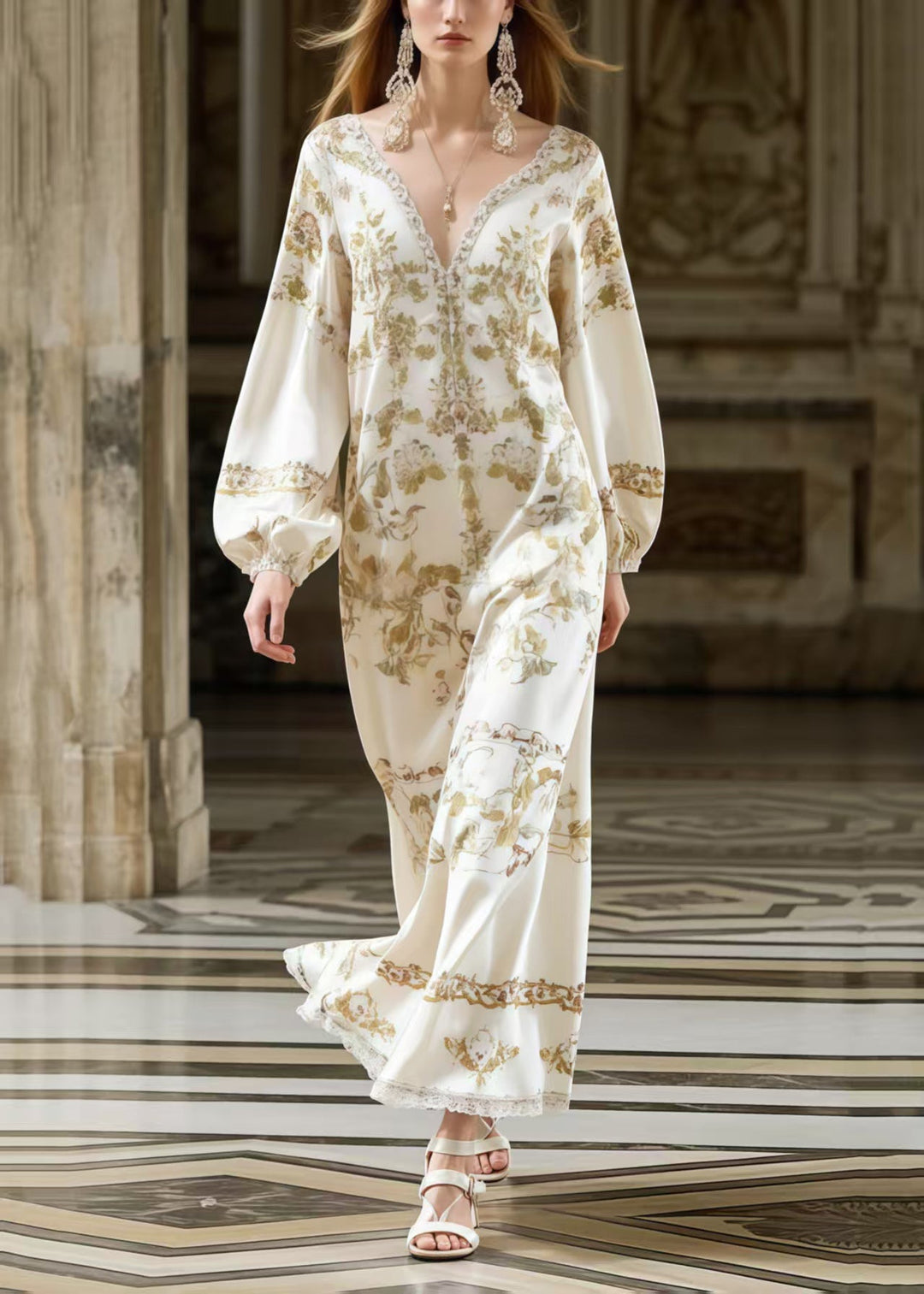 Fitted White V Neck Print Silk Ankle Dress Spring