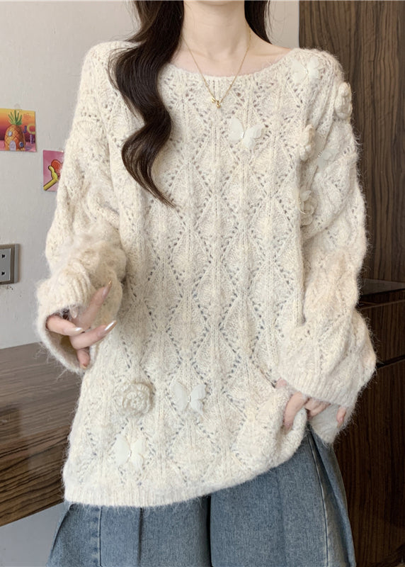 Floral Apricot Butterfly Hollow Out Cozy Knit Sweater